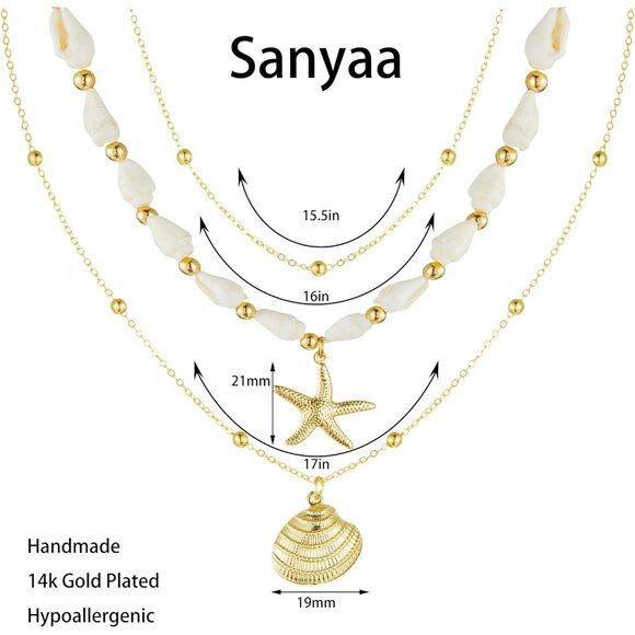 Women's Seashell Starfish Summer Pearl Beach 14k Gold Layered Dainty Choker - Picture 2 of 7